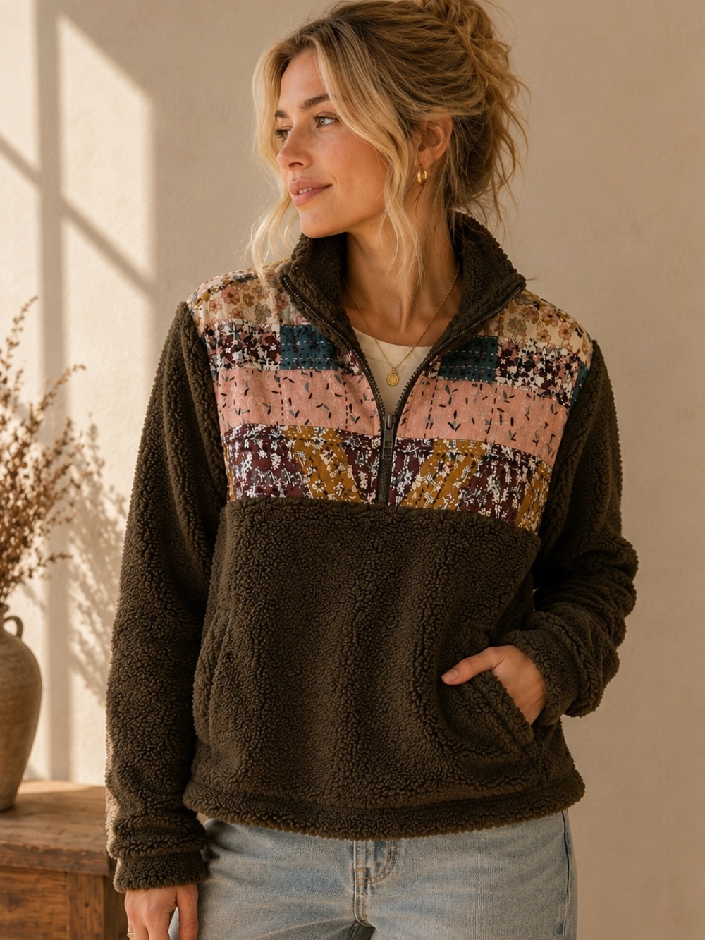 Lucky Brand Olive Brown Floral Patchwork Sherpa 1/4 Zip Pullover Small
